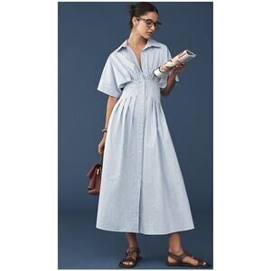 Exquise Anthropologie Midi Shirt Dress Tobie Blue Pleated Small